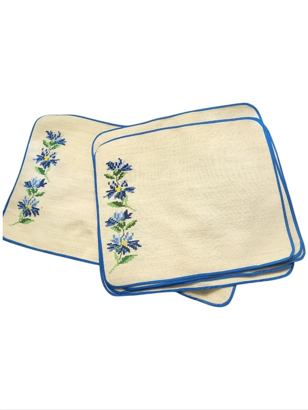 Vintage Handmade Cross-Stitch Floral Placemat Set 6 Plus Center Runner